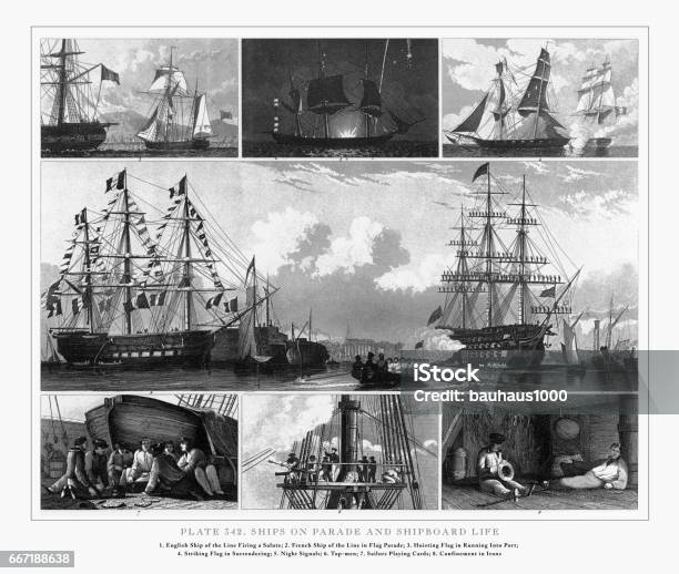 Ships On Parade And Shipboard Life Engraving 1851 Stock Illustration - Download Image Now - Battle, Navy, 19th Century