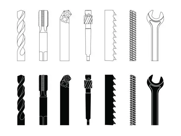Vector illustration of Drill bit screw-cutter milling cutter saw armature wrench vector illustration set