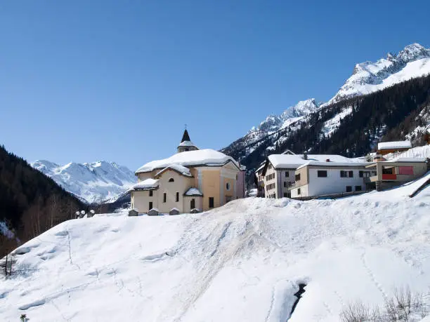 Bedretto, Switzerland: winter landscape of the village of Bedretto and the homonymous valley.