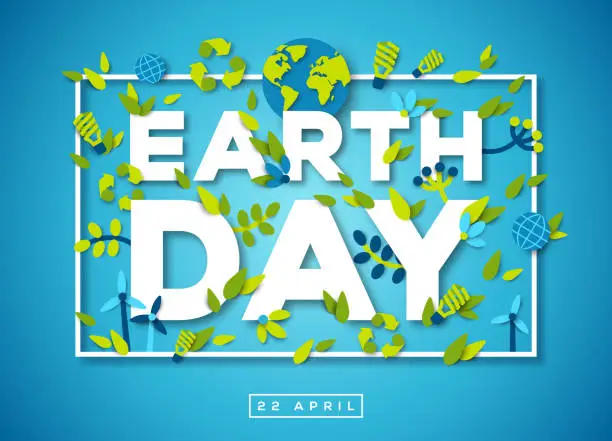 Vector illustration of Earth day typography design on blue background