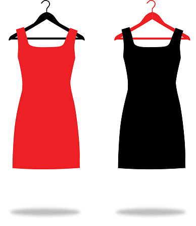Vector illustration of a red and a black dresses hanging on coat hangers of opposite colors.