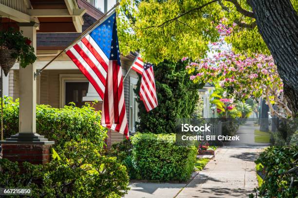 Flags 1 Stock Photo - Download Image Now - Small Town America, American Flag, House