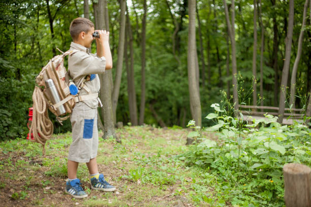 istock young boy scout,explores  nature with binoculars on camping trip 667236648