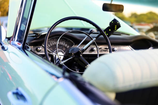 American classic car dashboard and steering wheel