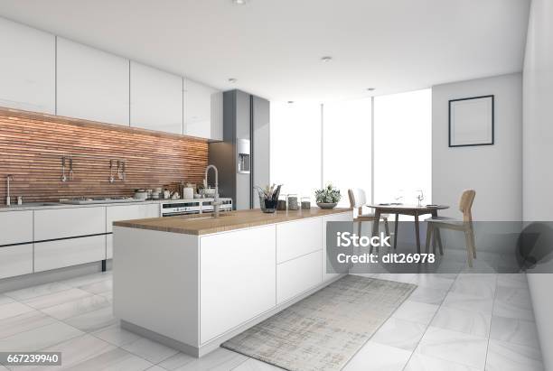 3d Rendering Contemporary Kitchen Bar In Dining Room Stock Photo - Download Image Now