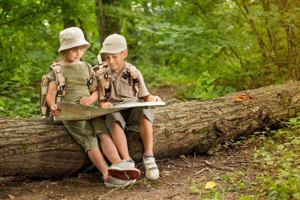 istock summer camps,scout children camping and read map in forest 667248408