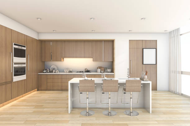 istock 3d rendering wood bar kitchen and dining near window 667251374
