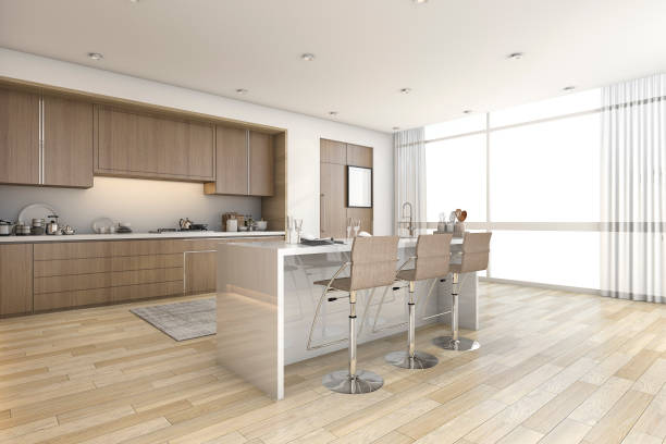 3d rendering wood bar kitchen near window