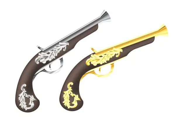 Vector illustration of silver and gold Pirate Pistol on a white background