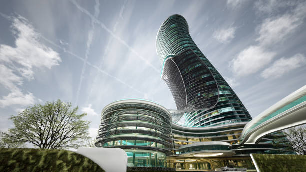 Exterior Curved Luxury Hotel design, High-Rise Building,architectural technology concept 3d rendering illustration
