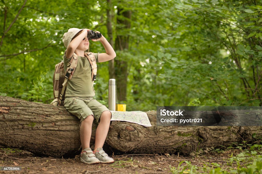 girl looking at birds through binoculars, camping in the woods excited little girl on a camping trip in green forest Child Stock Photo