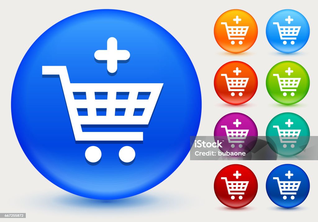 Add to Shopping Cart Icon on Shiny Color Circle Buttons Add to Shopping Cart Icon on Shiny Color Circle Buttons. The icon is positioned on a large blue round button. The button is shiny and has a slight glow and shadow. There are 8 alternate color smaller buttons on the right side of the image. These buttons feature the same vector icon as the large button. The colors include orange, red, purple, maroon, green, and indigo variations. Business stock vector
