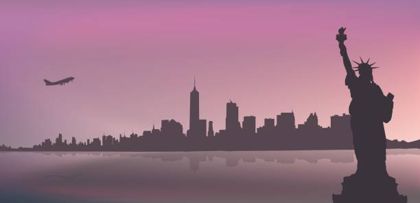 bildbanksillustrationer, clip art samt tecknat material och ikoner med new yorks skyline - manhattan skyline sunset