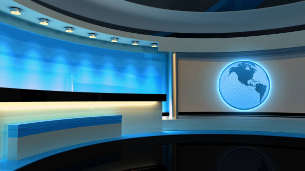 istock Tv Studio. News studio. Blue studio. The perfect backdrop for any green screen or chroma key video or photo production. 3D rendering 667263624