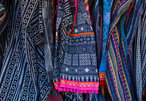 Cloth with Hmong ethnic patterns. Hmong are an ethnic group from the mountain regions of China, Vietnam, and Thailand. handmade Thai traditional Hmong fabric, Thai Thai traditional ethical pattern