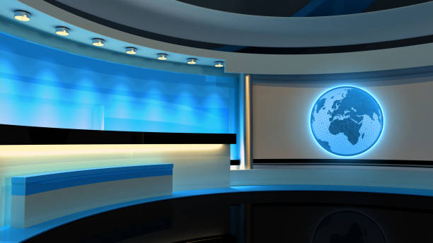 istock Tv Studio. News studio. Blue studio. The perfect backdrop for any green screen or chroma key video or photo production. 3D rendering 667270272