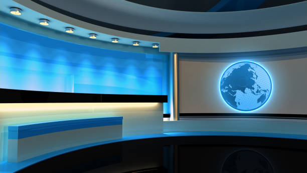 istock Tv Studio. News studio. Blue studio. The perfect backdrop for any green screen or chroma key video or photo production. 3D rendering 667270398