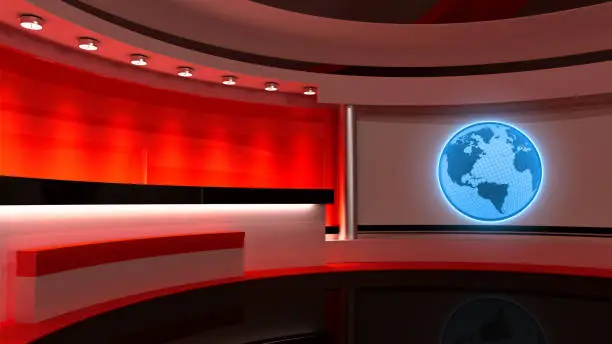 Tv Studio. News studio. Red studio. The perfect backdrop for any green screen or chroma key video or photo production. 3D renderingTv Studio. News studio. Red studio. The perfect backdrop for any green screen or chroma key video or photo production. 3D rendering