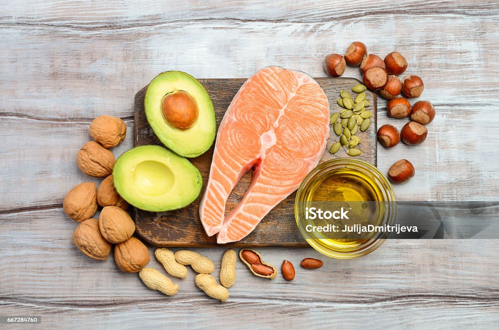 Selection of healthy fat sources. Selection of healthy fat sources. Top view. Fat - Nutrient Stock Photo
