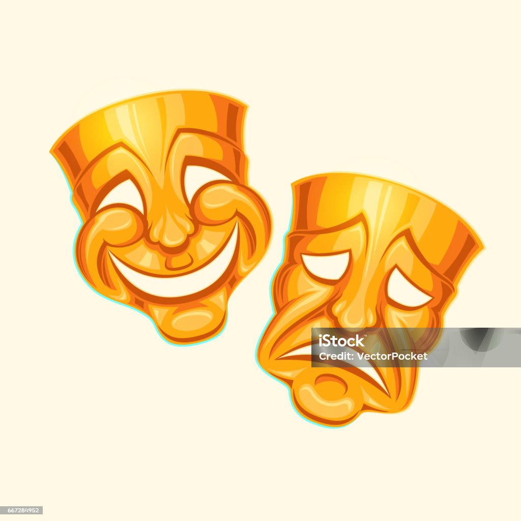 Golden comic and tragic theater mask Vector illustration of a golden comic and tragic theater mask in a cartoon style Mask - Disguise stock vector