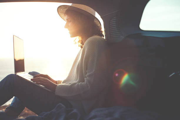 istock woman hipster using laptop in the car 667297498