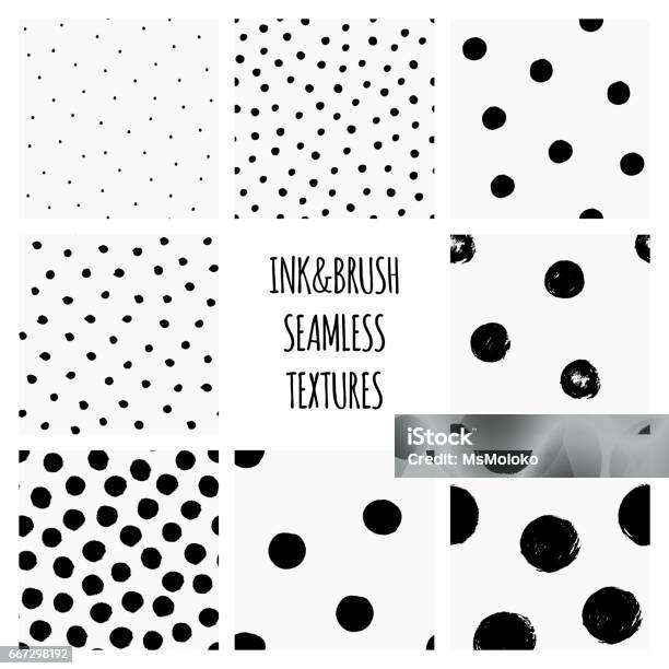 Set Of Seamless Black And White Vector Textures With Circles Polka Dots Dry Brush Ink Art Stock Illustration - Download Image Now