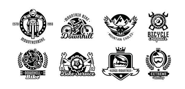 Set of icons, mountain bike. Bicycle, racer, eagle, repair, service, downhill, freeride. Vector illustration Set of icons, mountain bike. Bicycle, racer, eagle, repair service downhill freeride Vector illustration bmx racing stock illustrations