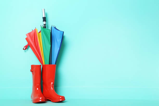 istock Red rubber boots with umbrella on a green background 667305426