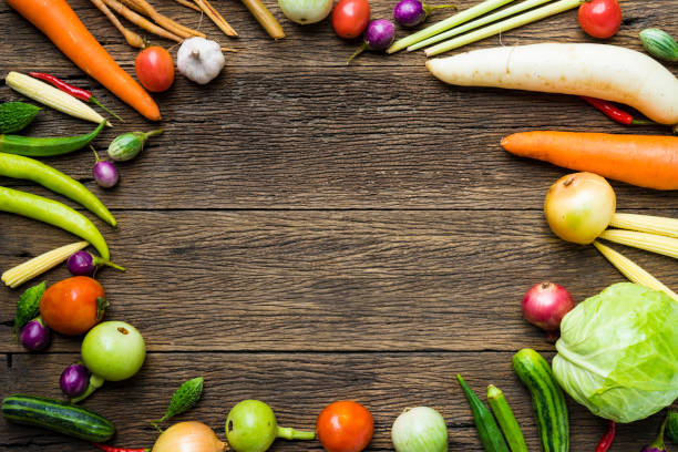 istock Fresh farmers market fruit and vegetable from above with copy space 667319484