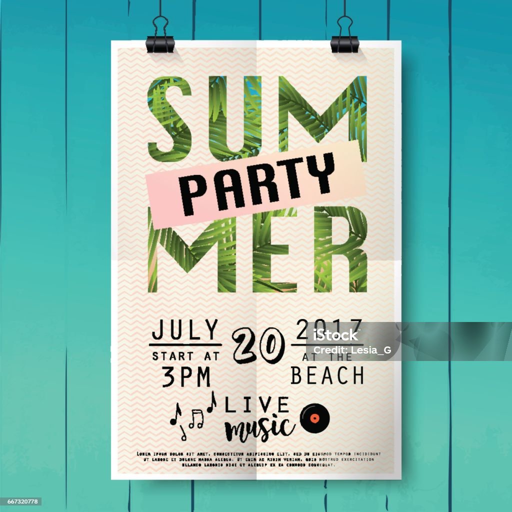 Summer party pster with palm leaf and lettering. Summer party pster with palm leaf and lettering on wood texture background. Pool Party stock vector