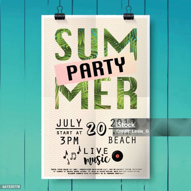 Summer Party Pster With Palm Leaf And Lettering Stock Illustration - Download Image Now - Pool Party, Flyer - Leaflet, Summer