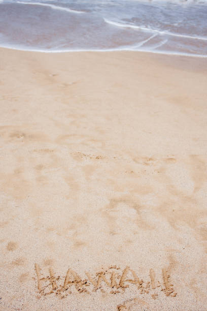istock Hawaii written in sand on clear beach 667327848