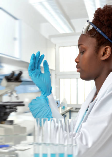 istock Female African scientist, doctor or intern puts on her protective gloves on 667331748