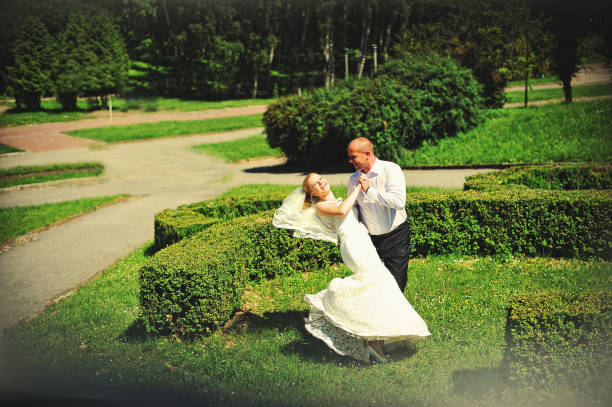 Just married couple walking in love