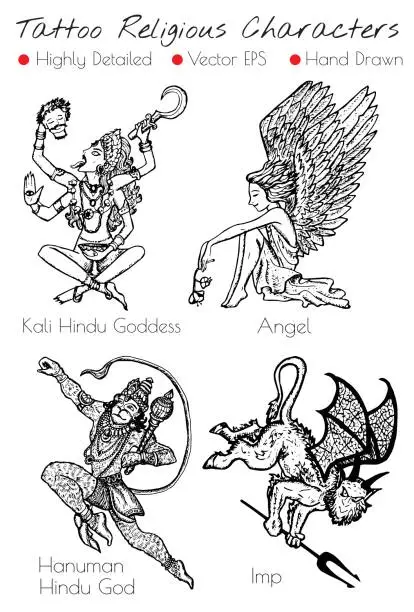 Vector illustration of Tattoo set with hand drawn religious characters