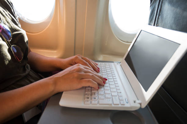 istock Woman Using Laptop in airplane during flight 667342230