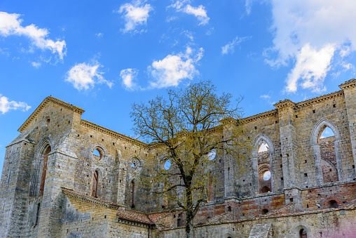 The exterior of the famous Abbey of San Galgano in Chiusdino, Tuscany, Italy