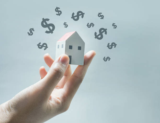 House model on human hands with dollar icon. stock photo