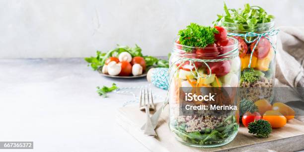 Salad In Glass Jar With Quinoa Stock Photo - Download Image Now - Backgrounds, Antioxidant, Salad