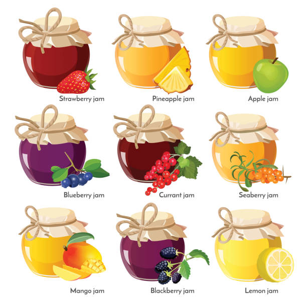 Jars with red strawberry, healthy pineapple, apple and blueberry jam Jars with red currant and strawberry, healthy seaberry and pineapple, organic mango and apple, fresh blackberry and blueberry, blackberry lemon jam vector illustration on white. Homemade jelly set mango jam stock illustrations