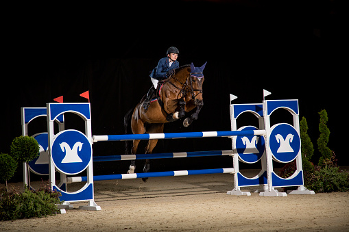 Female horseback rider jumping over hurdle at night.