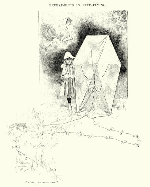 Vintage engraving of a Young girl with a large kite, 19th Century