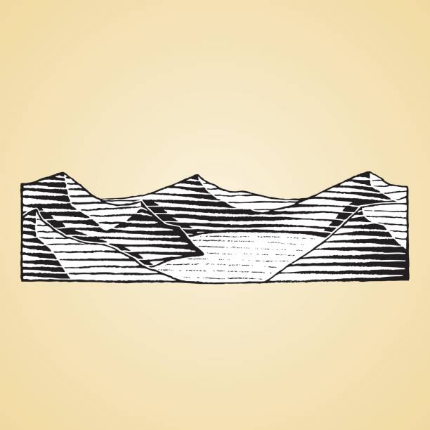 Vector Illustration of a Scratchboard Style Ink Drawing of a Mountain Lake with White Fill