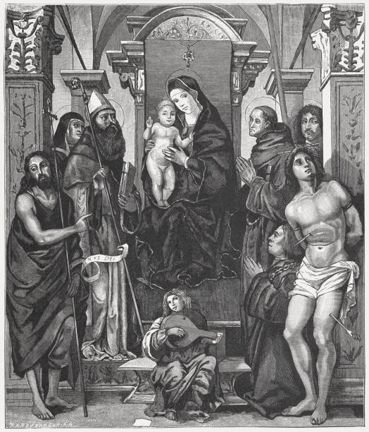 мадонна со святыми, написанная (c.1490) франческо франсией - francia stock illustrations