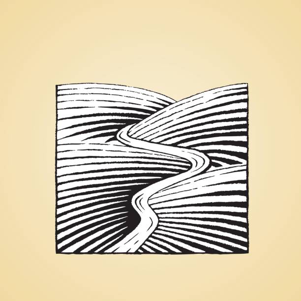 ilustraciones, imágenes clip art, dibujos animados e iconos de stock de tinta dibujo de colinas y el río con relleno blanco - scratchboard