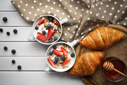 Two muesli bowls with cereals breakfast with seeds, oats,yogurt, milk, strawberry, blueberry,honey and fresh bakery on white wooden table. Top view Breakfast concept Eye bird view