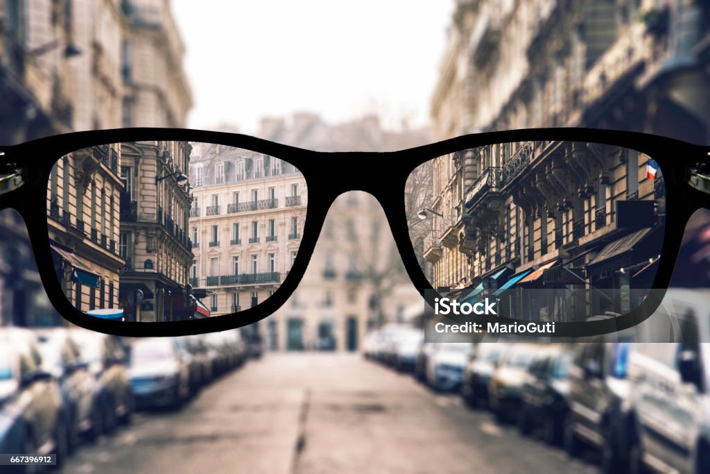 Myopia in Paris A street of Paris as seen from some myopia glasses. Myopia Stock Photo