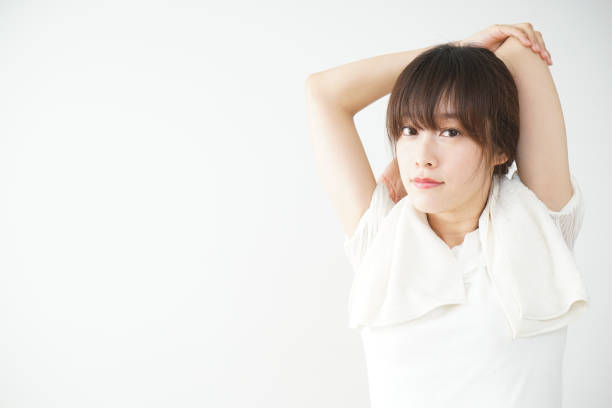 3d illustration of a woman wearing a white top with one arm outstretched and another up in the air on a white background.