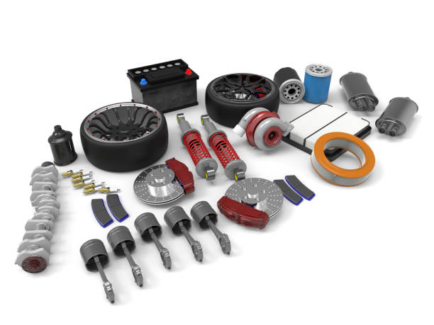 istock Car parts on white background. 3D rendering. 667400224