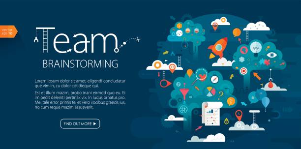 Team Brainstorming Web Banner Dark Blue Background Vector banner template with copy space text and illustration showing team brainstorming. We can see lot of different elements/icons related with solving problem and finding the solution. Those are: identify the problem - question mark; analyze the problem - magnifying glass with puzzle; evaluate possible solutions - document; ladders - progress etc. Very nice layered. File contains one clipping mask. Used font: Myriad Pro. compass gear efficiency teamwork stock illustrations